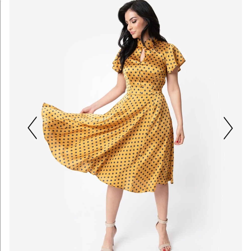 Unique vintage mustard and navy polka dot dress